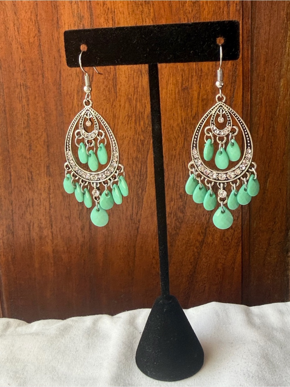 Mint Green Teardrop Chandelier Earrings Rhinestone Silver Tone Boho Dangle
